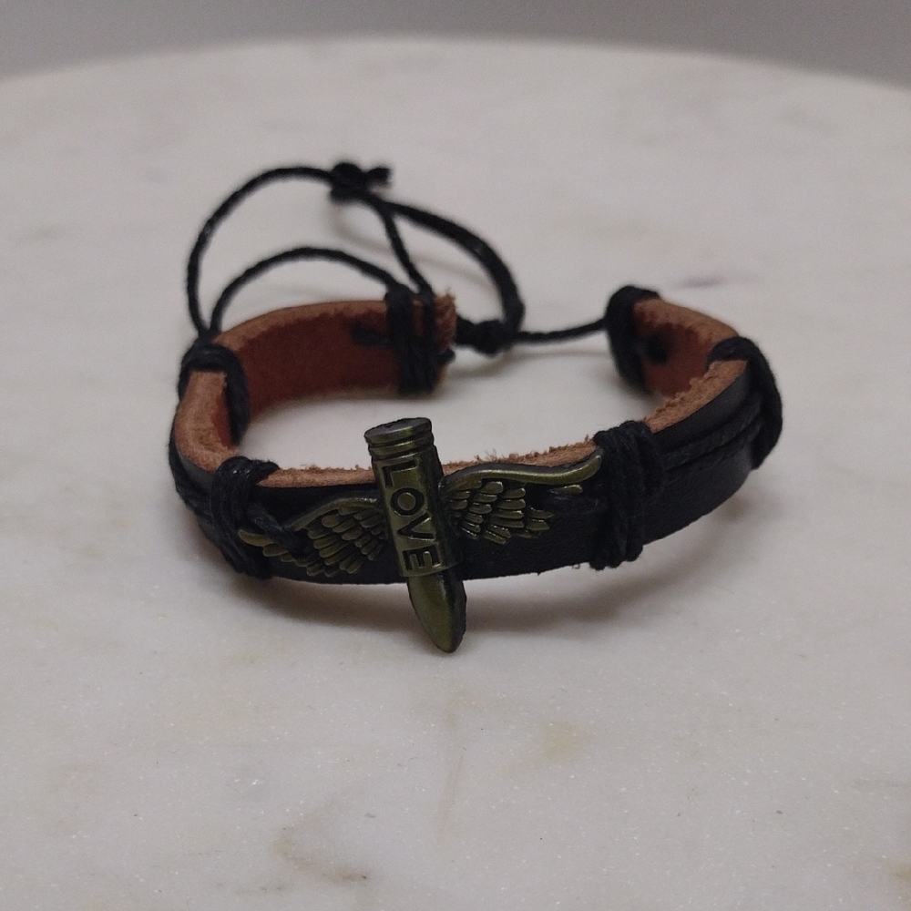 Wing Bullet with Love Black Leather Adjustable Bracelet BA-12